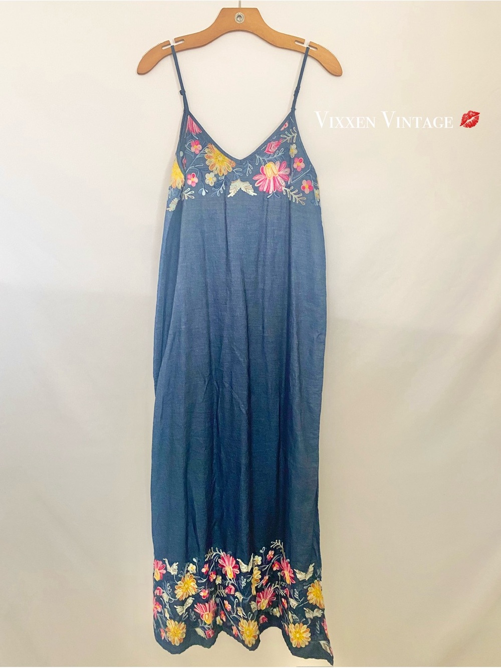 KAREN KANE FLORAL EMBROIDERED ‘PINK LEMONADE MAXI DRESS’ IN DENIM - Picture 3 of 7